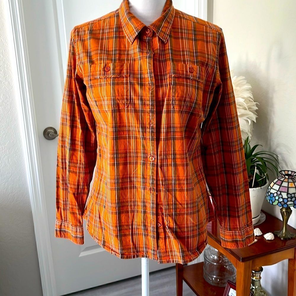 Cabela’s Orange Plaid Button Down Shirt Cotton / Spandex Front Pockets Unisex